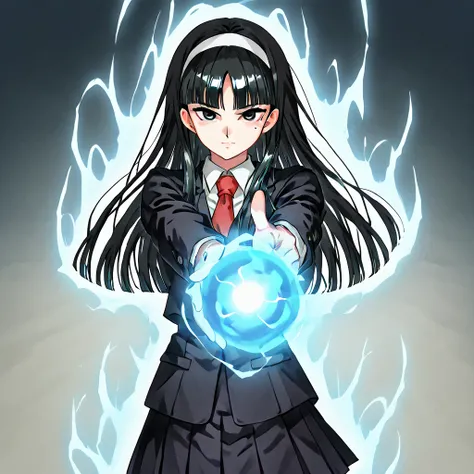 トップクオリティ, kwkm, black eyes, black hair, long hair, blunt bangs, parted bangs, white hairband, mole under eye, school uniform, red necktie, black jacket, black skirt, pleated skirt .spirit gun, finger gun, blue energy ball, aura, pointing at the viewer