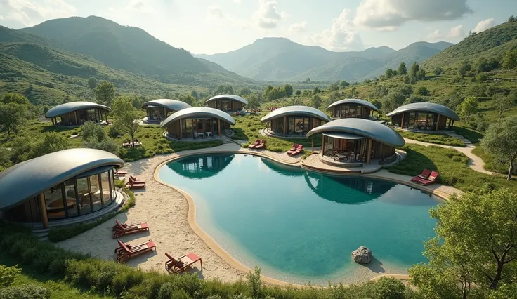 Beautiful futuristic cottage town in a field between the hills. On the territory of the town, twenty one-story futuristic cottages, a beautiful round lake with a beach with sun loungers and altans. top view.