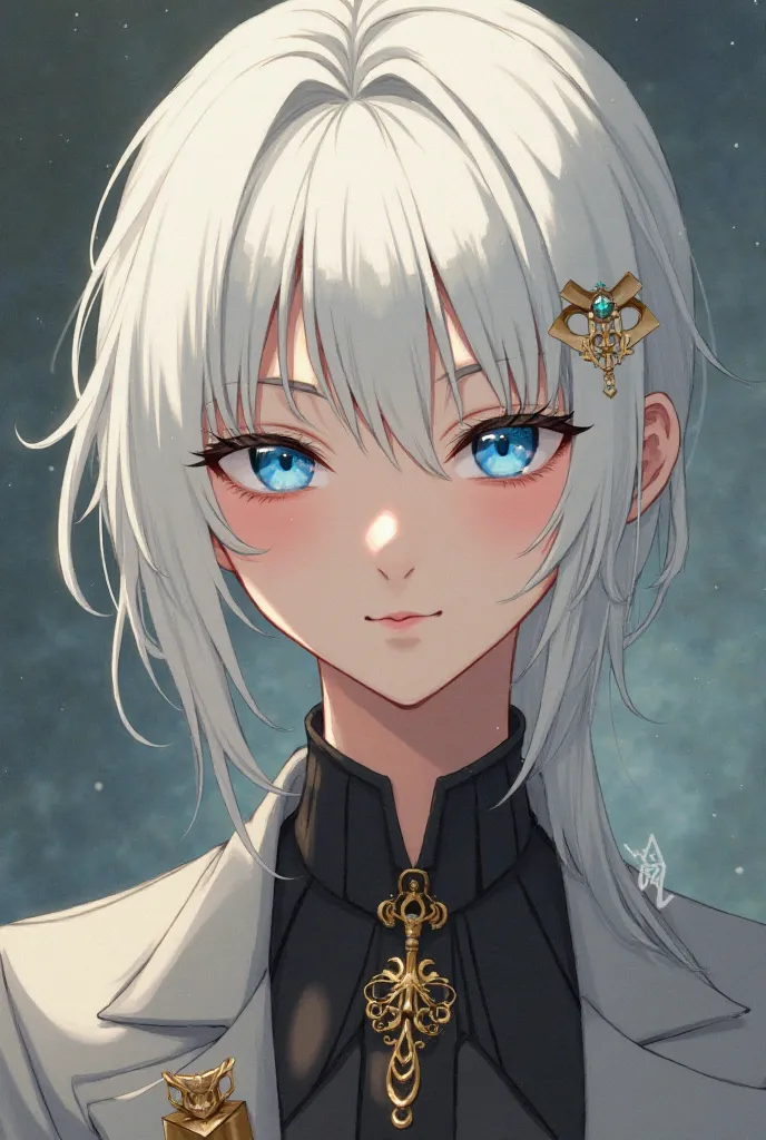 Pale platinum hair, blue eyes. , slim face, , rich, long, gold-like eyelashes, I had a fresh look and look It also revealed the sense of pressure or arrogance unique to people who are used to giving orders to others. {x} The dense features and how they wer...