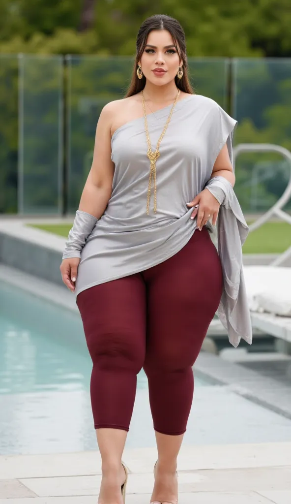 I am 40 year old plus size tall and big giant indian muslim women, looking like indian actress hansika motwani ,wearing a shining glossy maroon tight capri leggings and Sleevless silver full length indian kurti,golden nose rings,nose stud, anklet,hanging e...