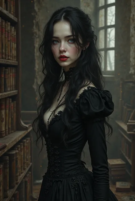 Mysterious discreet woman with black hair, red and white eyes, white skin, dark academia dress