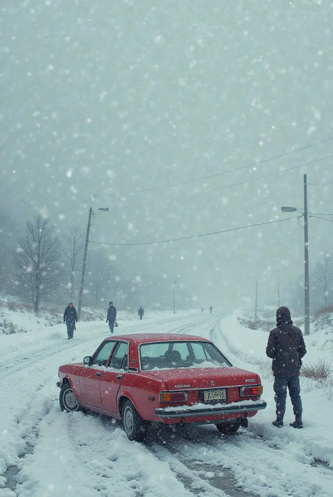 Sad red car on snowy road while people looking at it 