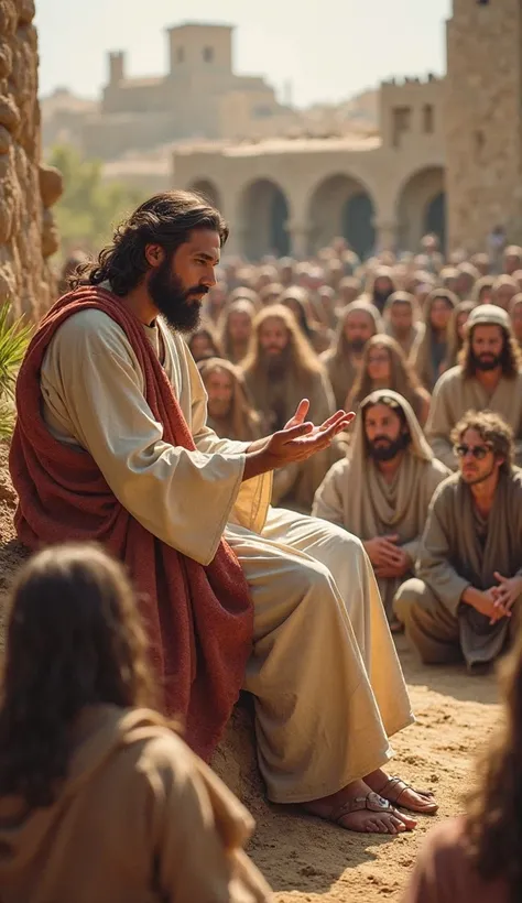 Jesus, dressed in a white or beige robe with a red sash, sits on a small rise, teaching a crowd of men, women, and ren in a biblical village setting. His hands are open in a gesture of teaching and kindness. The people listen attentively.