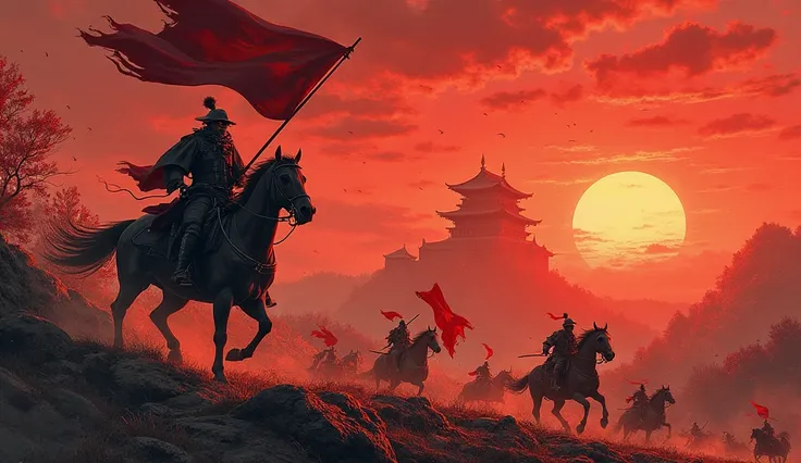 A blood-red sunset; Toshihide on horseback, holding the Mori banner, eyes wild with fury; Mori troops swarm forward, war drums pounding; Kuroda Castle trembles in the distance; Nagamasa emerges, black armor, katana in hand, unyielding; a war-torn scene, wa...