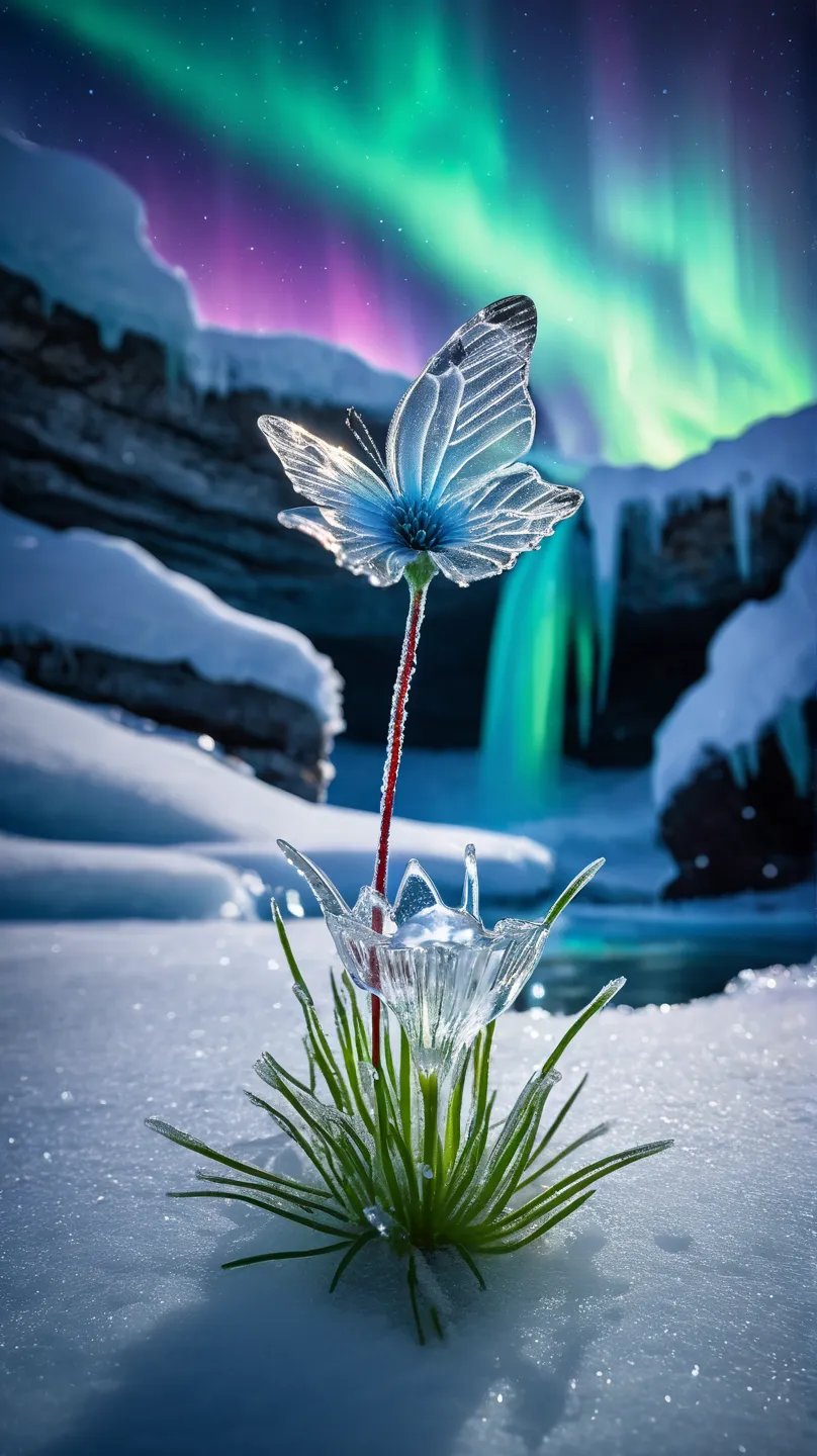 Ice Land、One ice flower is blooming from a rift in the ice、An ice butterfly flying around a flower、 Snowflakes、 auroras、Spotlight、glitter effect to mask,  lens flare, background blur, 