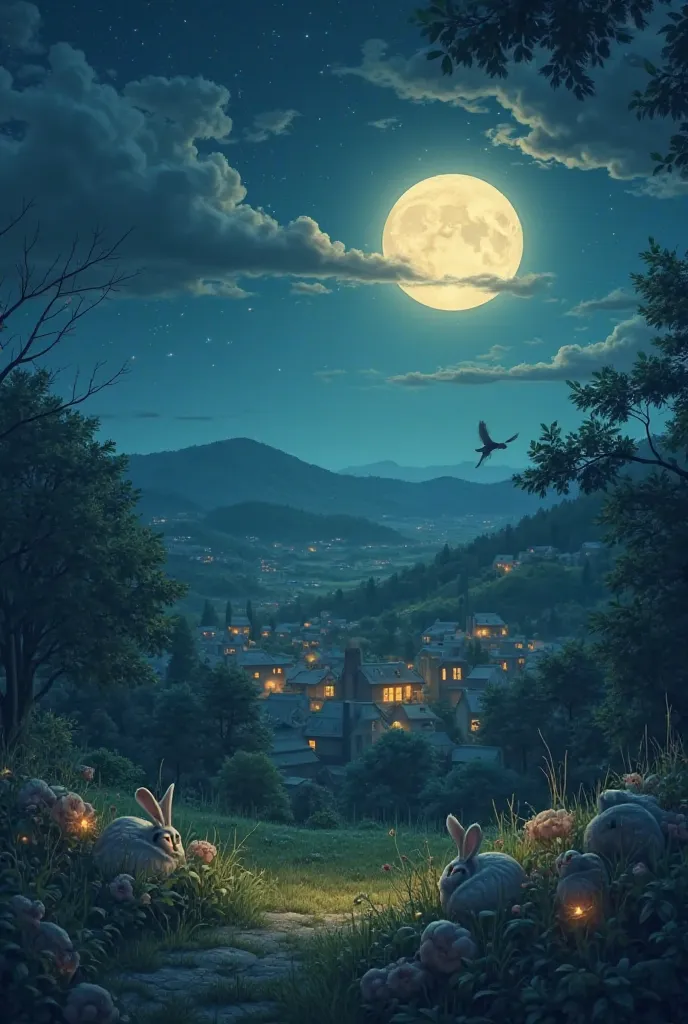 moonlit landscape*, with *soft, glowing light* from the moon casting a serene glow over a peaceful village or countryside.
  - *Additional Elements:* Soft shadows of *sleeping animals*, like owls or rabbits, to enhance the calm nature.