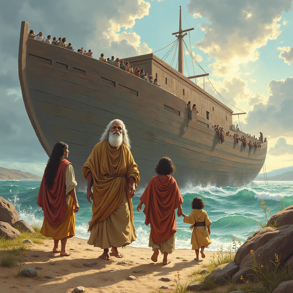 
"A biblical scene of Noah and his family stepping out of the massive wooden ark onto dry land. Noah, an elderly man with a long beard, wearing ancient robes, leads his wife and three sons—Shem, Ham, and Japheth—down from the ark. They walk carefully onto ...