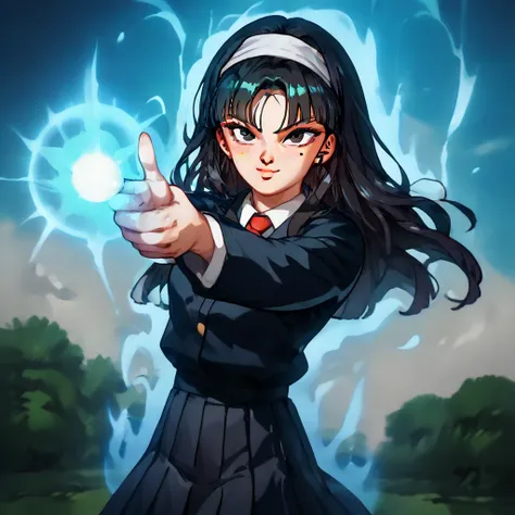 トップクオリティ, kwkm, black eyes, black hair, long hair, blunt bangs, parted bangs, white hairband, mole under eye, school uniform, red necktie, black jacket, black skirt, pleated skirt .spirit gun, finger gun, blue energy ball, aura, pointing at the viewer