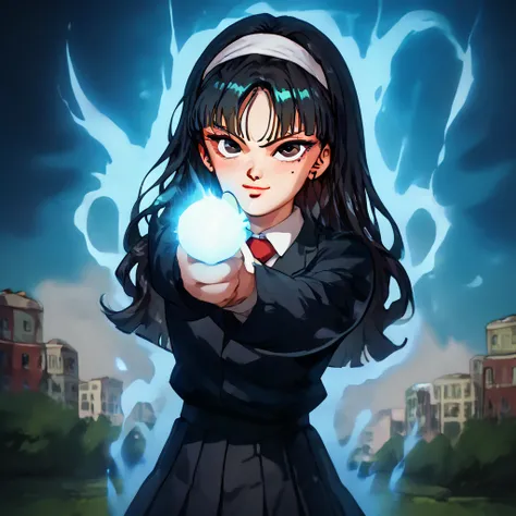 トップクオリティ, kwkm, black eyes, black hair, long hair, blunt bangs, parted bangs, white hairband, mole under eye, school uniform, red necktie, black jacket, black skirt, pleated skirt .spirit gun, finger gun, blue energy ball, aura, pointing at the viewer