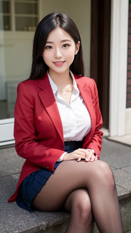 Pure young Japanese woman , natural body, beautiful legs,  sitting, formal jacket and blouse、Wear a pleated long skirt, pantyhose,  sweet smile,  Sweet Temptation  ,  soft summer sunshine , Pin-up Portrait by a Pro