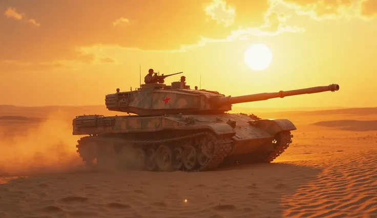 Create a high-quality photo. left: Soviet tank rides across the dunes. in the center : God&#39;s. The evening sun is shining