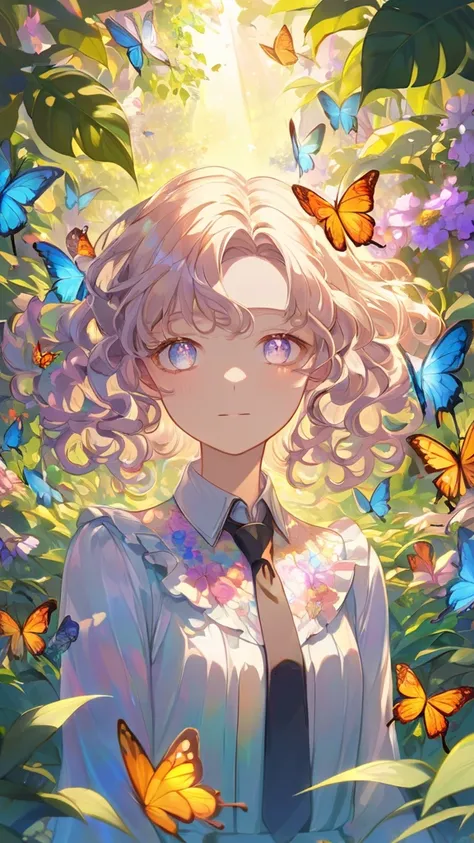 A young man who looks like a woman with iridescent curly hair, slender eyes, colorful floral dress shirt and tie, Floral Pants, The background is a lot of flowers々and butterfly wings