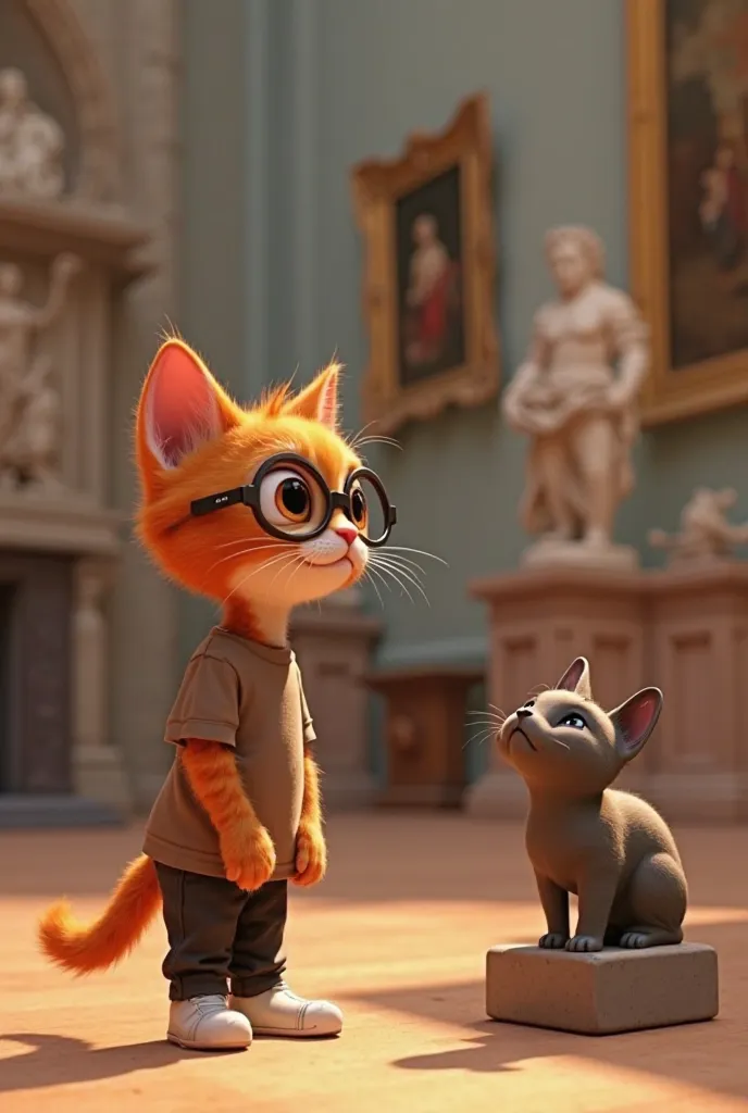 In 3d Pixar animation.
Orange tabby kitten wearing a a black round glasses , brown tshirt  and black pants, white shoes. 
Action, the kitten taking standing inside the museum. Looking at a statue of a cat.
Background, inside the metropolitan museum of art....