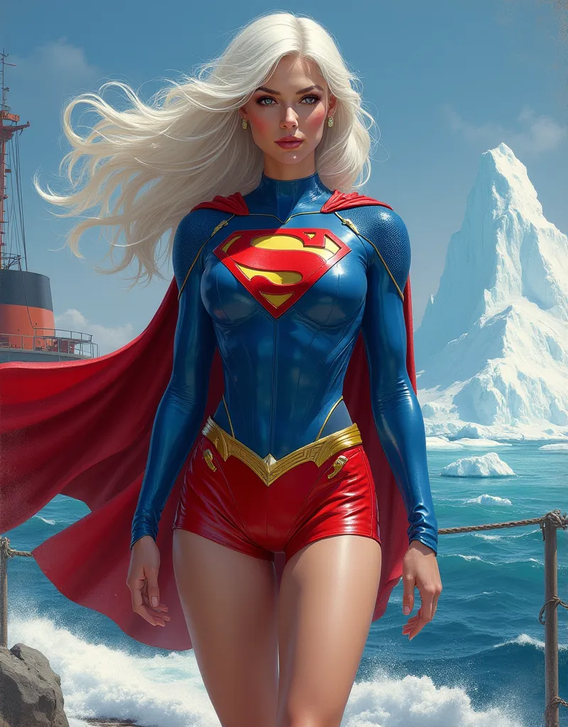 ((best quality)), (( Masterpiece )), ( details), (( perfect face)) superheroine (((Superwoman ))), dressed in ((( blue super man suit with the letter S on the chest ,  with a fluttering red coat. (((red very short leather skirt almost bare hips))).  yellow...