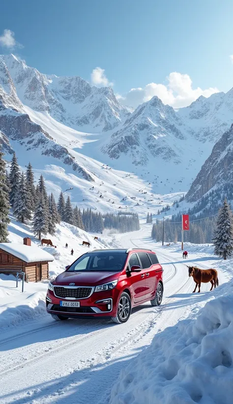 "A photorealistic image of a Red Kia Carnival 2020 driving along a snow-covered mountain road at a ski resort. The minivan moves confidently through the icy path, leaving fresh tire tracks in the snow. Surrounding the vehicle, majestic snow-capped peaks ri...