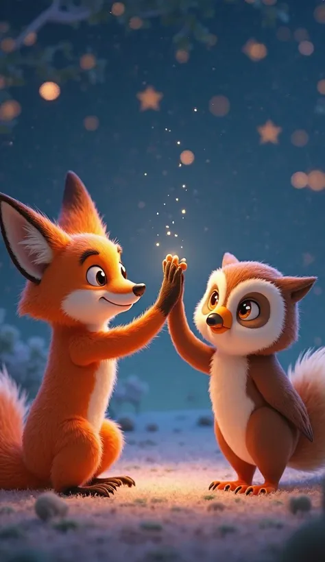 Finn the Fox and Luna the Owl share a high-five, their faces lit by the glowing stars. Mood: joyful. Colors: warm oranges, blues, and silvers. Art style: whimsical 3D.