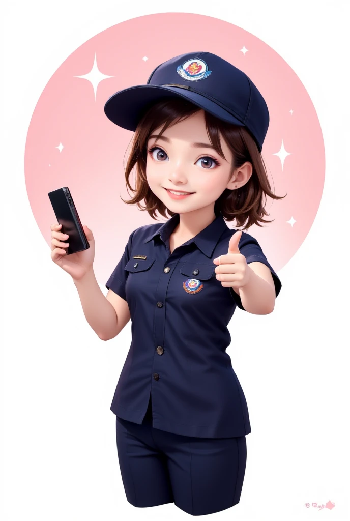 A cute cartoon style illustration of a brown-haired girl, wearing a dark blue short-sleeved uniform, dark blue slacks and a dark blue cap as her highlights. She has a cheerful expression, big round eyes, and a wide smile. She holds a black smartphone in on...