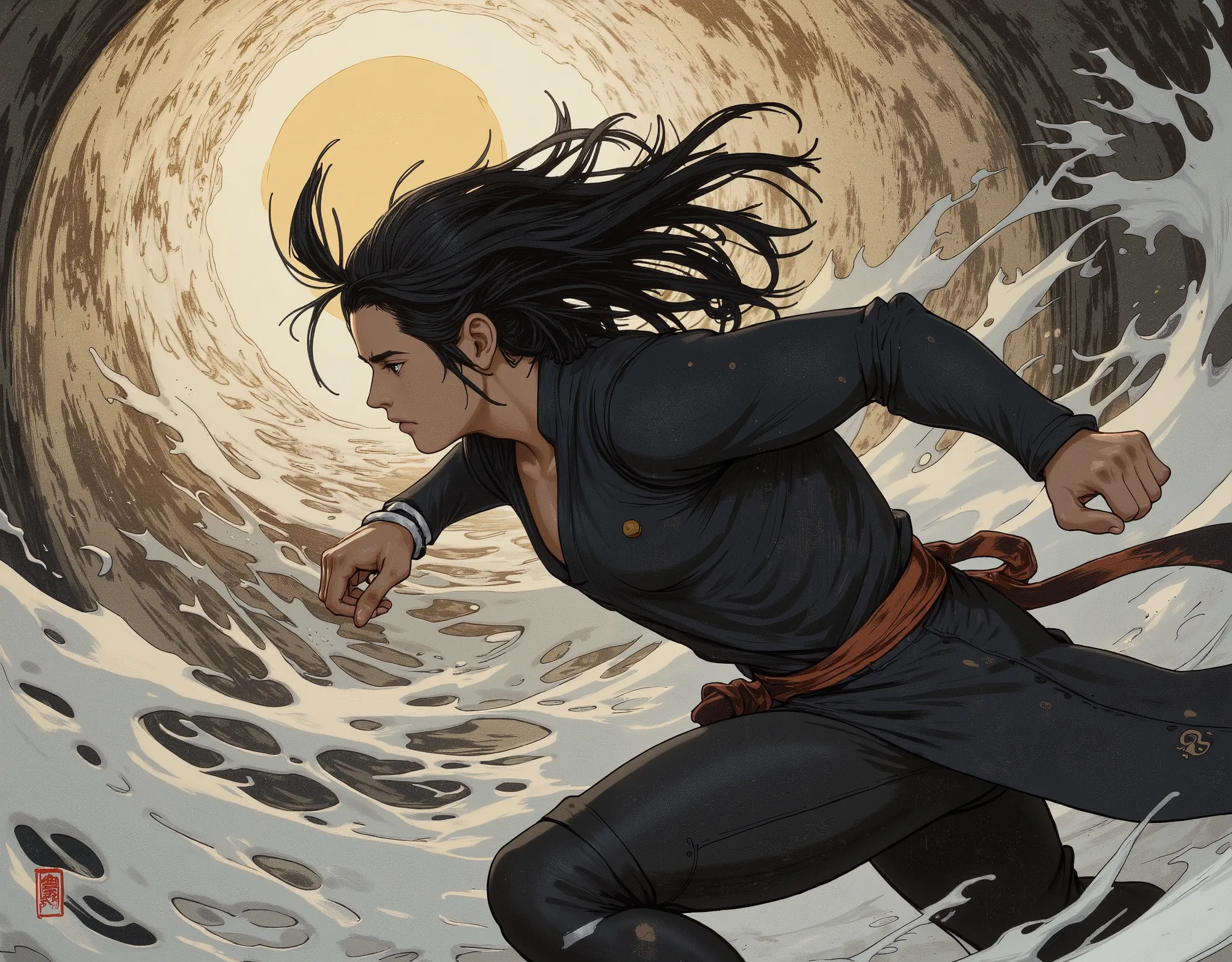 (masterpiece:1.2, Highest quality,high resolution,very detailed),8k,16k,wallpaper,(Walking in the wind),(Super Detail),( Ukiyo-e:1.6),Ninja runs through the wind tunnel, black hair,random hairstyles,( Wind Ninja ),(Black Costume),(detailed faces:1.3),(hump...