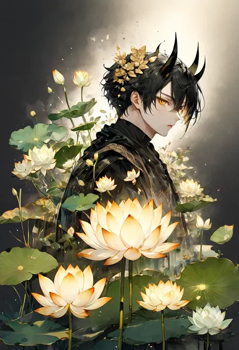    beautiful細部まで描かれた黒い髪の男性、Double Exposure Flat Vector( top quality photo ,  beautiful and perfect ) images ( Perfect Construction ) ，The clothes are black、Devil with golden eyes、 has black horns、The background is translucent and、Big lotus flowers and big ...