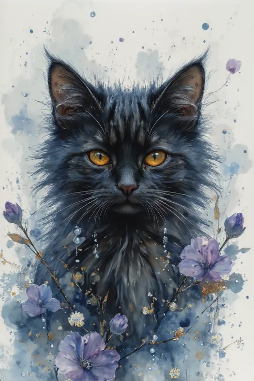 The delicate, beautiful and emotional watercolors, where the calmness flows like emotions flowing out through the soft brushstrokes and the calmness gradually fading away.

In the center, a gentle and mysterious black cute fluffy cat appears, its shape alm...