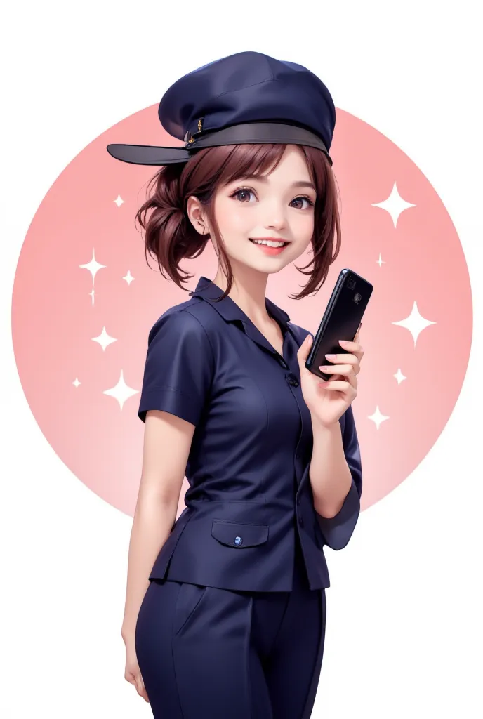 A cute cartoon style illustration of a brown-haired girl, wearing a dark blue short-sleeved uniform, dark blue slacks and a dark blue cap as her highlights. She has a cheerful expression, big round eyes, and a wide smile. She holds a black smartphone in on...