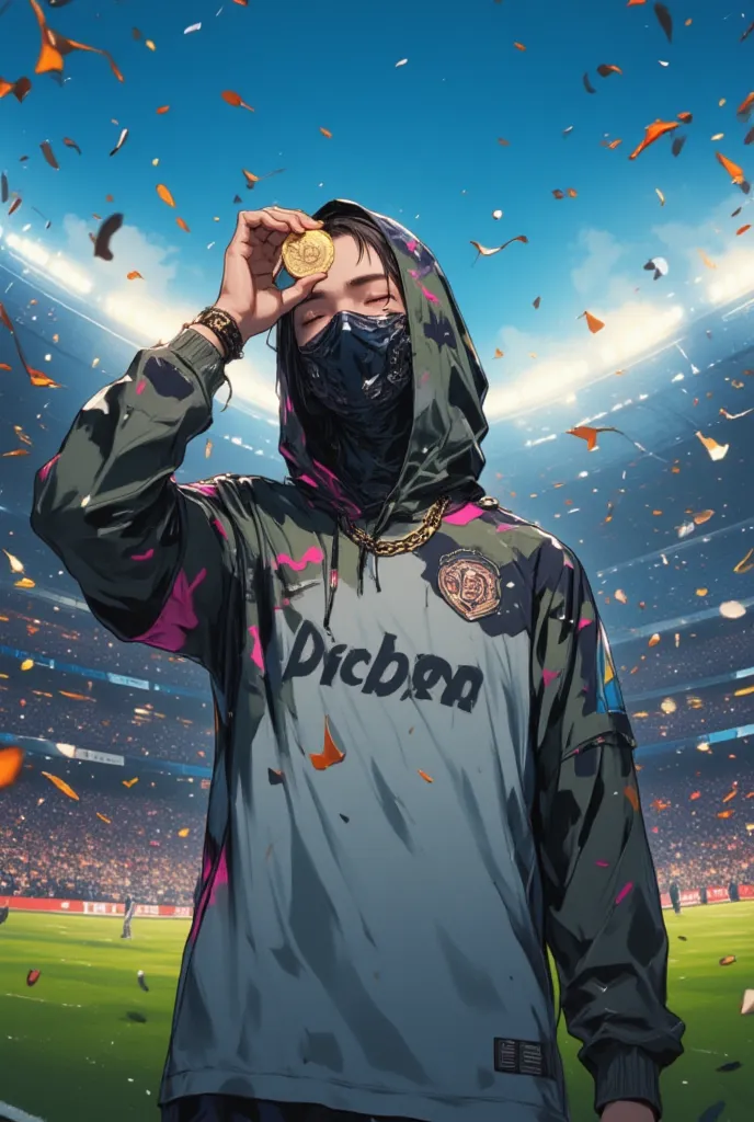 General plan: Full body view, 1 handsome young man with a Nike ski mask ((Hyperwarm Hood)) is standing in the middle of a football stadium. He is holding a Bitcoin coin against his forehead, as if deep in thought.
Accessory: chain, earring, bracelet.
Cloth...