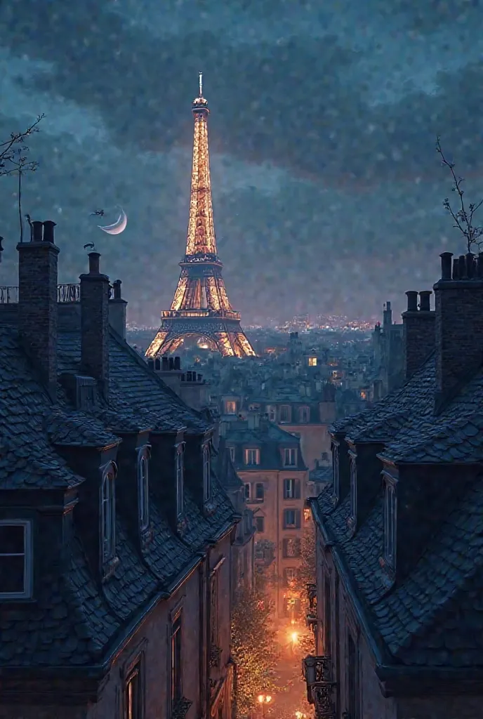 A beautiful composition close to the roofs of Paris at night with the Eiffel Tower in the distance 