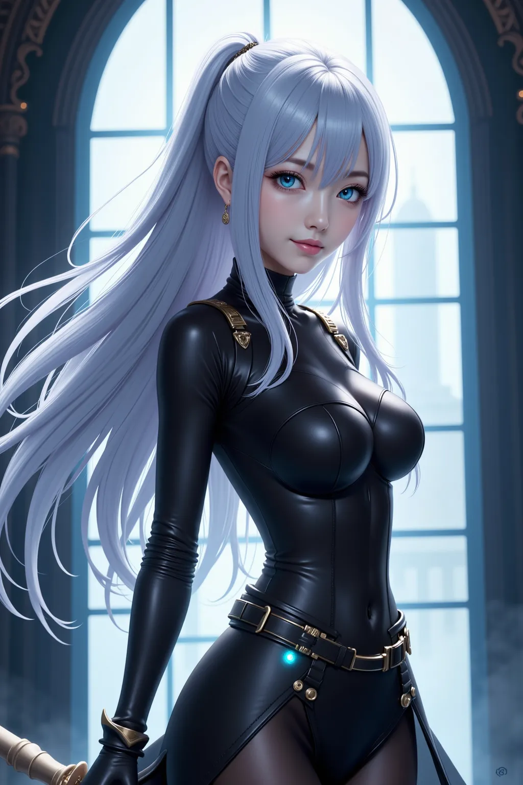 An excellent work，shows a single female character from the anime，has white hair and blue Eyes，Described as a Masterpiece，Superior Quality。 This character is full of power and mystery，Looks like Bayreese Asner（Byleth Eisner）meets the undead knight in a char...