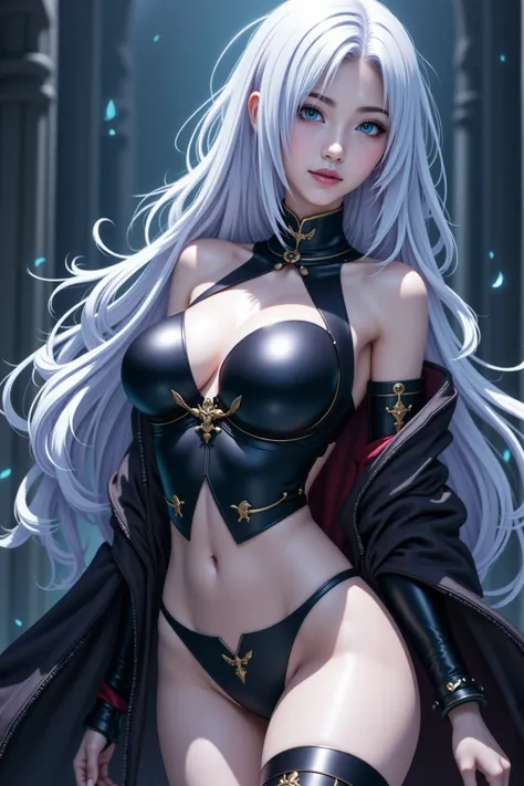 An excellent work，shows a single female character from the anime，has white hair and blue Eyes，Described as a Masterpiece，Superior Quality。 This character is full of power and mystery，Looks like Bayreese Asner（Byleth Eisner）meets the undead knight in a char...