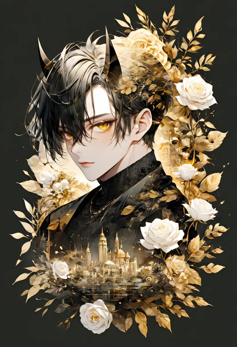    beautiful細部まで描かれた黒い髪の男性、Double Exposure Flat Vector( top quality photo ,  beautiful and perfect ) images ( Perfect Construction ) ，Devil with golden eyes、 with 2 black horns、The background is translucent and、Big white rose flowers and large leaves are p...