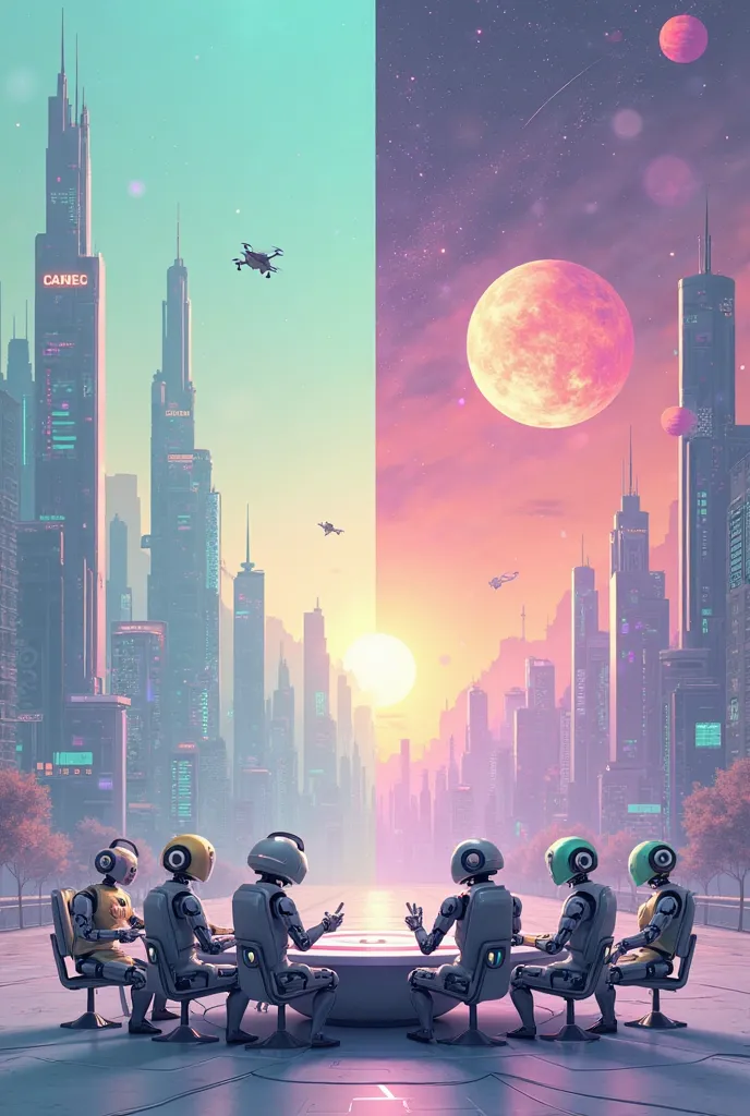 Create an A4-sized (portrait orientation) illustration featuring two distinct, futuristic environments separated by a blended pastel color palette in the center.  

- **Left Side (Futuristic City):** Seven **robots are meeting in a sleek, futuristic city s...