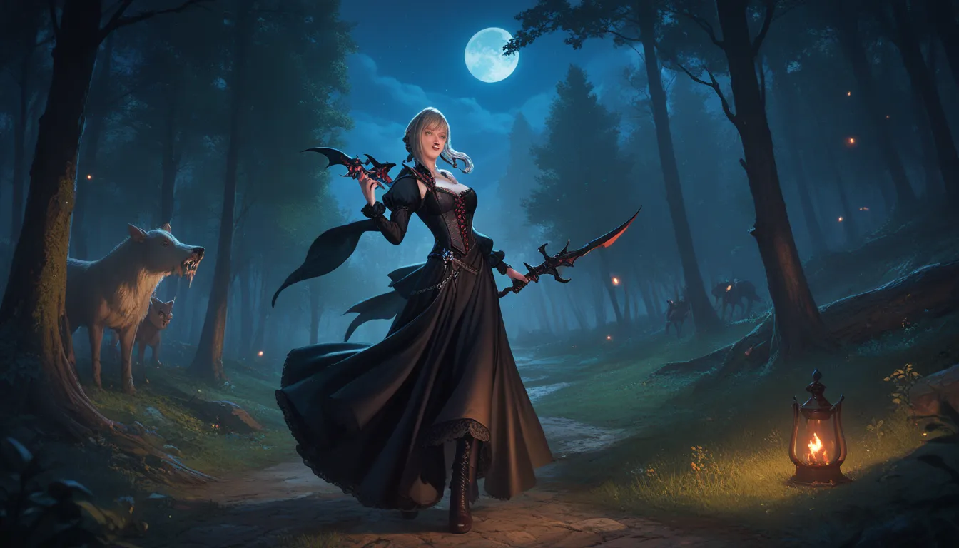 Aranea Highwind in a black dress, medieval style, vampire style,  fantasy art , Night,  night time, night forest