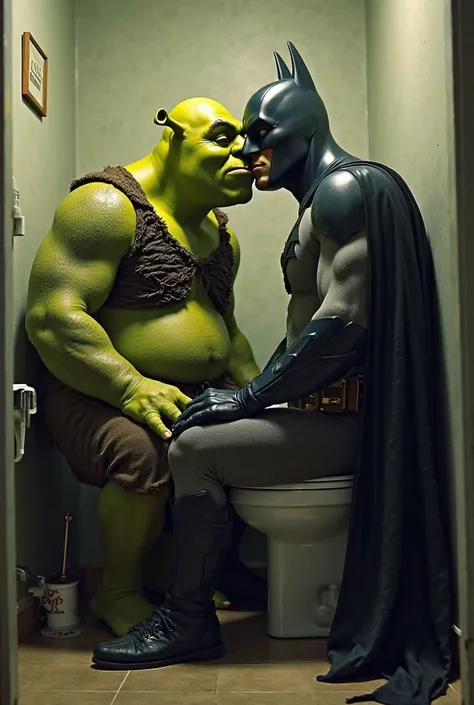 Shrek and batman sitting on a toilet and kissing