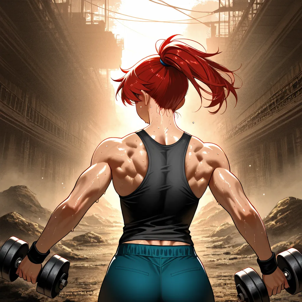 top quality, masterpiece, girl,Ink painting,shadow,ponytail,(Cap),tank top,Back muscles,Lift dumbbells with your back,vapor,sweat