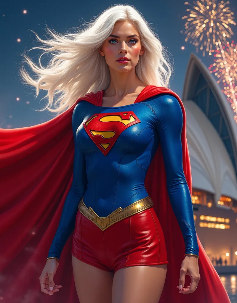 ((best quality)), (( Masterpiece )), ( details), (( perfect face)) superheroine (((Superwoman ))), dressed in ((( blue super man suit with the letter S on the chest ,  with a fluttering red coat. (((red very short leather skirt almost bare hips))).  yellow...