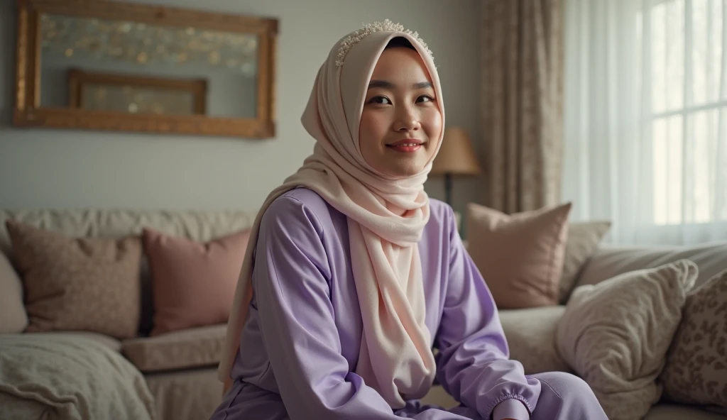 A beautiful fair-skinned maid wearing a simple hijab and a modest purple housekeeping uniform. She sits happily in the living room, her face glowing with natural beauty and a warm smile. Her delicate, perfectly shaped fingers are adorned with subtle red na...