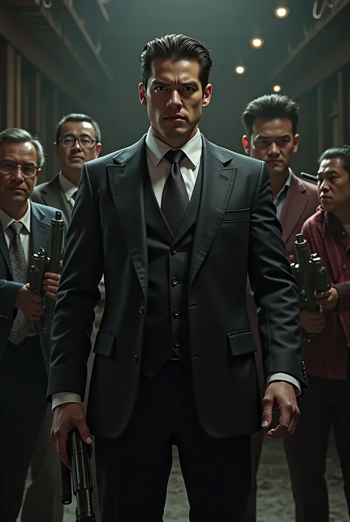 A bold man with suit sit at Yakuza gang while holding guns,and leader of Yakuza bring samurai to attack him