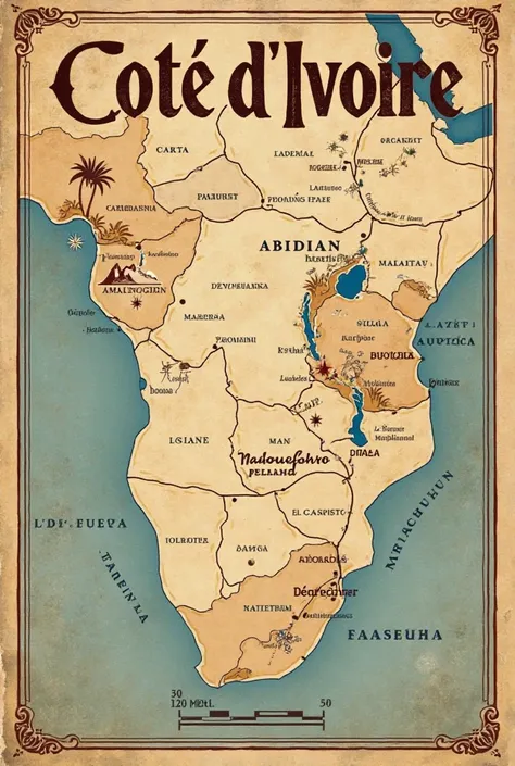 
"Une carte vintage de la Côte d'Ivoire, style parchemin vieilli avec des bords assombris et des textures de craquelures. La carte montre les principales villes : Abidjan (sud-est, côte atlantique), Yamoussoukro (capitale politique, centre), Bouaké (centre...