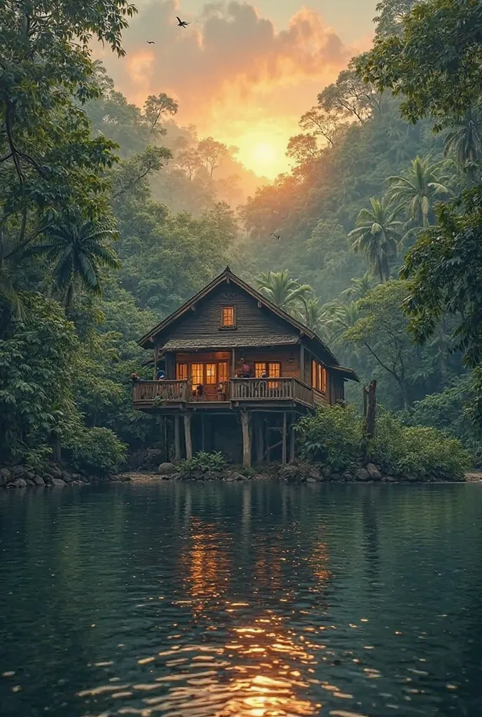 I need a picture of a house that can accommodate 10 people. The house is on an island in the jungle with an old-fashioned house with 1 floor but a little big in brown on a large jungle. The house stands in any weather. There is a sunset on the sea and the ...