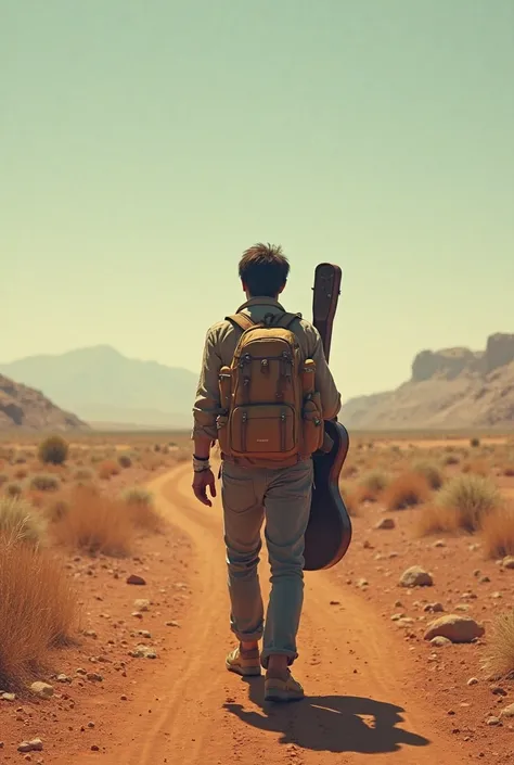 Man walking through a long solitary race in the middle of the day. The shot is from the back and you can see that he is carrying a backpack and a guitar..  Realistic