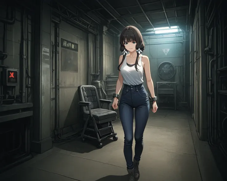 Highest quality:1.5, high resolution, 超high resolution, 4K, jane doe, darkness at night, Abandoned Factory, Restrained in a restraint chair, 