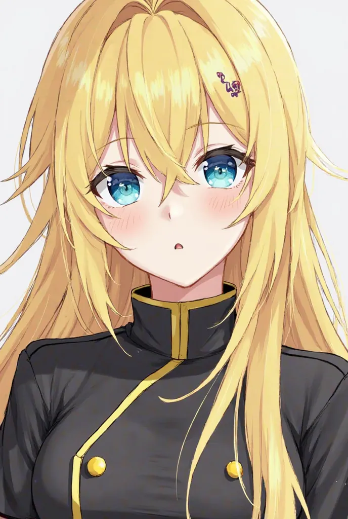 Seraph of the end, anime, fille, 21 ans , cheveux blond et long, yeux heterocromia central (yeux bleu avec du jaune qui contourne mes pupilles et sa fait des reflets vert, mais es yeux bleu) vêtement, uniformes imperial de l'armée démoniaques 