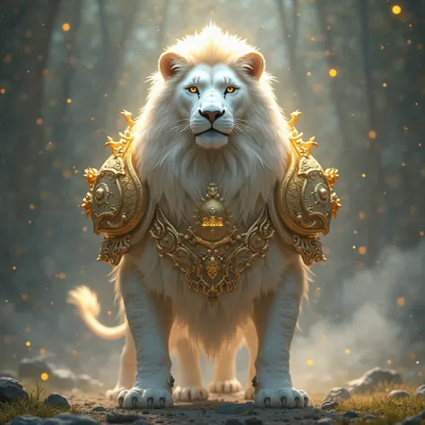 divine lion with a white and golden armour