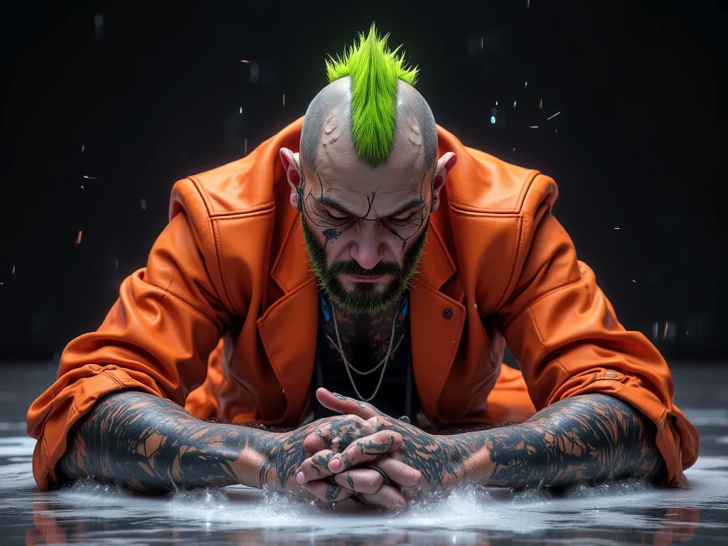 middle-aged man, Tattoo, Asian people, Age 22 years, Green Hair, Mohawk style, wearing an orange suit,, Nose piercing ,  Realistic, Dull on the floor, Sleep on the floor, Water Foam Pak, Masterpieces, black background, movies,8K resolution, Details Clear, ...