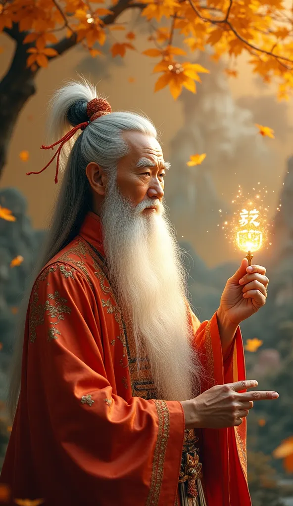 A wise Chinese sage with a long beard, white hair, and golden eyes stands before a colossal ancient painting depicting destiny, fate, and feng shui. He wears an embroidered silk robe and holds a feather fan, drawing glowing mystical characters that float i...