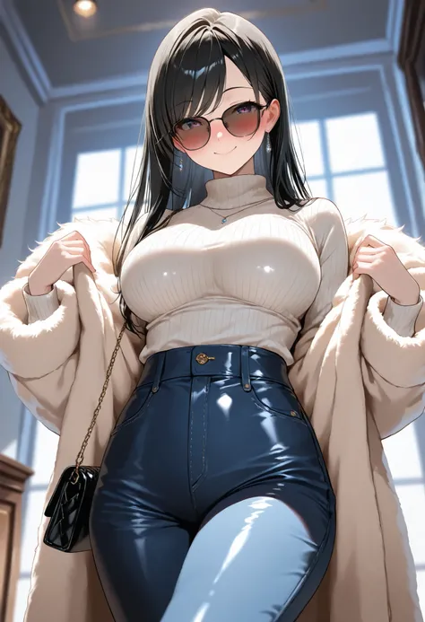 (best quality, masterpiece, ultra detailed, high resolution), Beautiful 8K CG artwork, Enriched photography, anatomically accurate body, depth of field,  1girl, elegant yet sexy girl, (long hair, black straight hair, swept bangs), 
round large breasts, bre...