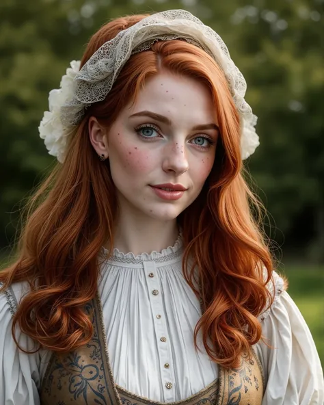 A close up portrait of a red head gorgeous beautiful [woman:Maude Adams:0.1], pale skin, [[[freckles]]], Western European Descent, Donning a Medieval Dress, at the meadows