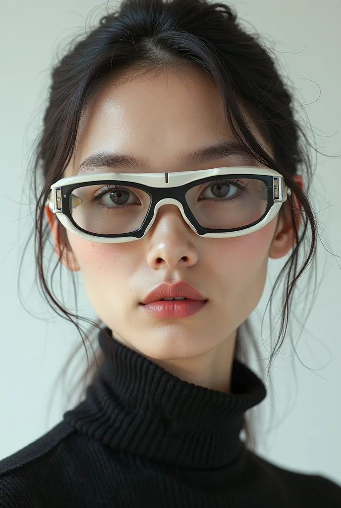 Lunettes ergonomiques au style minimaliste et une touche cyberpunk. Vue de face. Pour visages ovales  mannequin hot de taille japonaise. 
