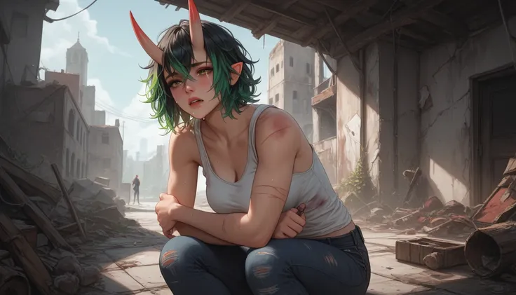 score_9, score_8_up, score_7_up, (Oni), scars, tall, 1girl, large_breasts, Oni_Horns, green_eyes, peach_skin, long_messy_hair, black_hair, green_hair_highlights, fangs, crying, curled_up, holding_picture, bruised, hurt, Tank_top, black_jeans, abandoned_bui...