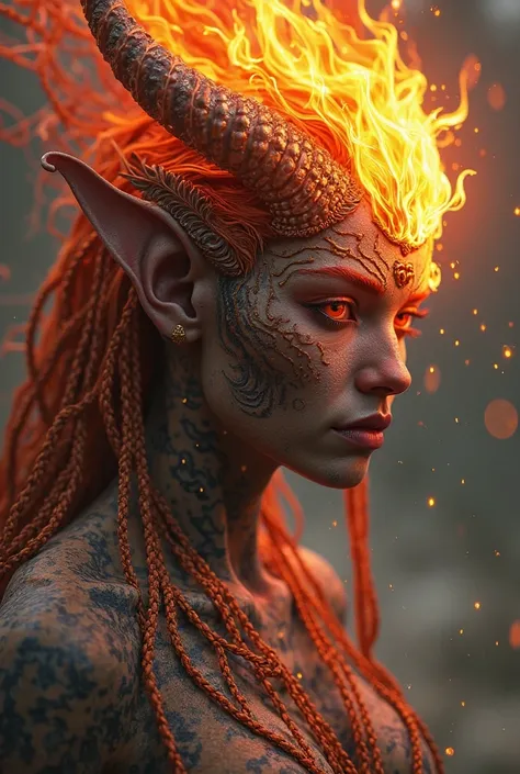 a close up of a person with a fire head on a body, djinn woman demon hybrid of tigre, asura from chinese myth, dan mumford. maya render, ne zha from smite, water demon, demon soul concept art, narasimha, djinn man male demon, detailed digital 2d fantasy ar...